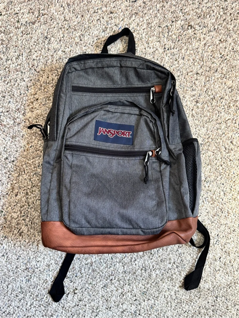 JanSport Cool Student Gray Herringbone Brown Faux Leather Laptop Backpack